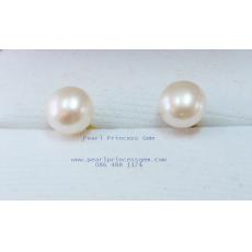 White Pearl Stud Earrings : ต่างหูไข่มุกแท้แบบเรียบ(6มม.-YG)