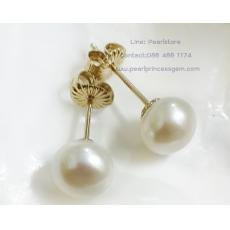 White Pearl Stud Earrings14kG:ต่างหูไข่มุกเม็ดเดี่ยวสีขาว 8.5มม.(ตัวเรือนทองแท้)