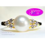 Classic Style White Pearl Ring:แหวนไข่มุกแบบคลาสสิกเพชรข้าง(YG)