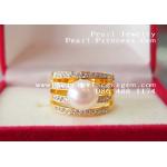 White Pearl with Diamond Glimmer Ring:แหวนไข่มุกแท้ประดับแถวเพชร(YG)