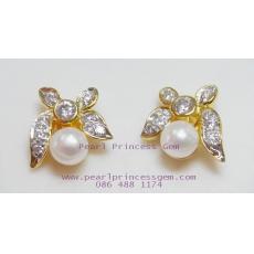 Golden Leaves Pearl Earrings:ต่างหูไข่มุกแท้ใบไม้ทอง(YG)