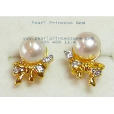 Bow Pearl Earrings:ต่างหูไข่มุกแท้ประดับโบว์ทอง(YG)