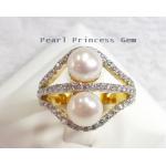 White Pearls With Diamond Glimmer:แหวนไข่มุกแท้ประดับแถวเพชร(YG)