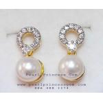 White Pearl With Diamond Glimmer Earrings:ต่างหูไข่มุกแท้ประดับเพชร(YG)