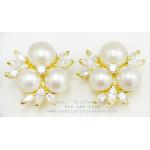 Tri Pearls Earrings:ต่างหูไข่มุกแท้3เม็ดประดับเพชรมาคี(YG)