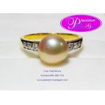 Golden Pearl Ring:แหวนไข่มุกสีเหลือบทองประดับบ่าเพชรแท้